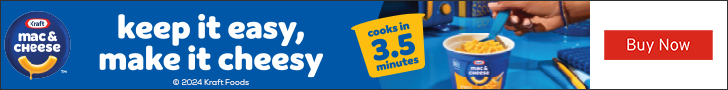 Advertisement for Kraft: Keep it easy, Make it cheesy. Cooks in 3.5 minutes. Buy now.