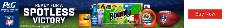 Advertisement for Procter & Gamble. READY FOR A SPOTLESS VICTORY. Buy Now.