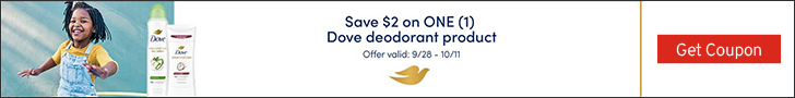 Advertisement for Unilever PLC. Save $2 on ONE(1) Dove deodorant product. Offer valid: 9/28 - 10/11. Get Coupon.