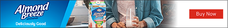 Advertisement for HP Hood. Almond Breeze. Deliciously Good. Buy Now.
