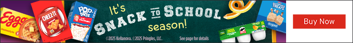 Advertisement for Kellanova. It's SNACK TO SCHOOL season! Buy Now.