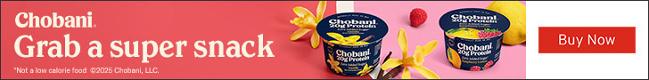 Advertisement for Chobani, LLC. Chobani. Grab a super snack. Buy Now.