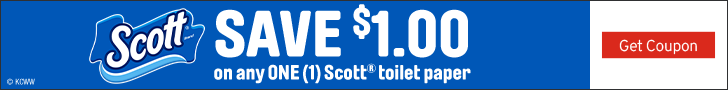 Advertisement for Kimberly Clark. Scott. SAVE $1.00. on any ONE (1) Scott" toilet paper. Get Coupon.