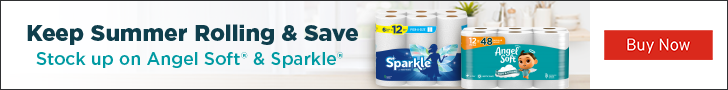 Advertisement for Georgia Pacific. Keep Summer Rolling & Save Stock up on Angel Soft® & Sparkle®. Buy Now.