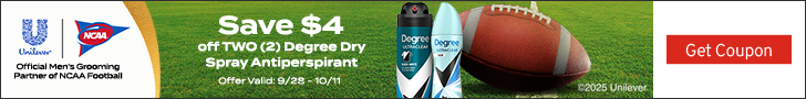 Advertisement for Unilever. Save $4. off TWO (2) Degree Dry. Spray Antiperspirant. Offer Valid: 9/28 - 10/11. Get Coupon.