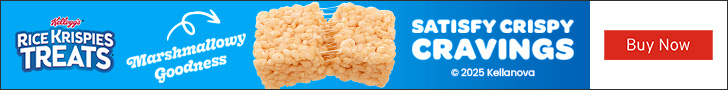 Advertisement for Kellanova. Kellogg’s. RICE KRISPIES TREATS. Marshmallowy Goodness. SATISFY CRISPY CRAVINGS. 2025 Kellanova. Buy Now.